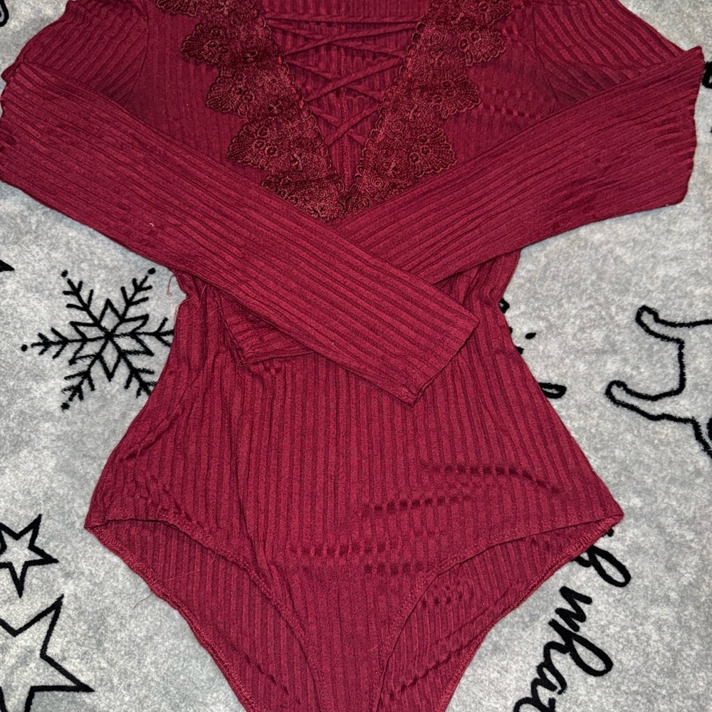 Elegant Burgundy Lace-Up Bodysuit